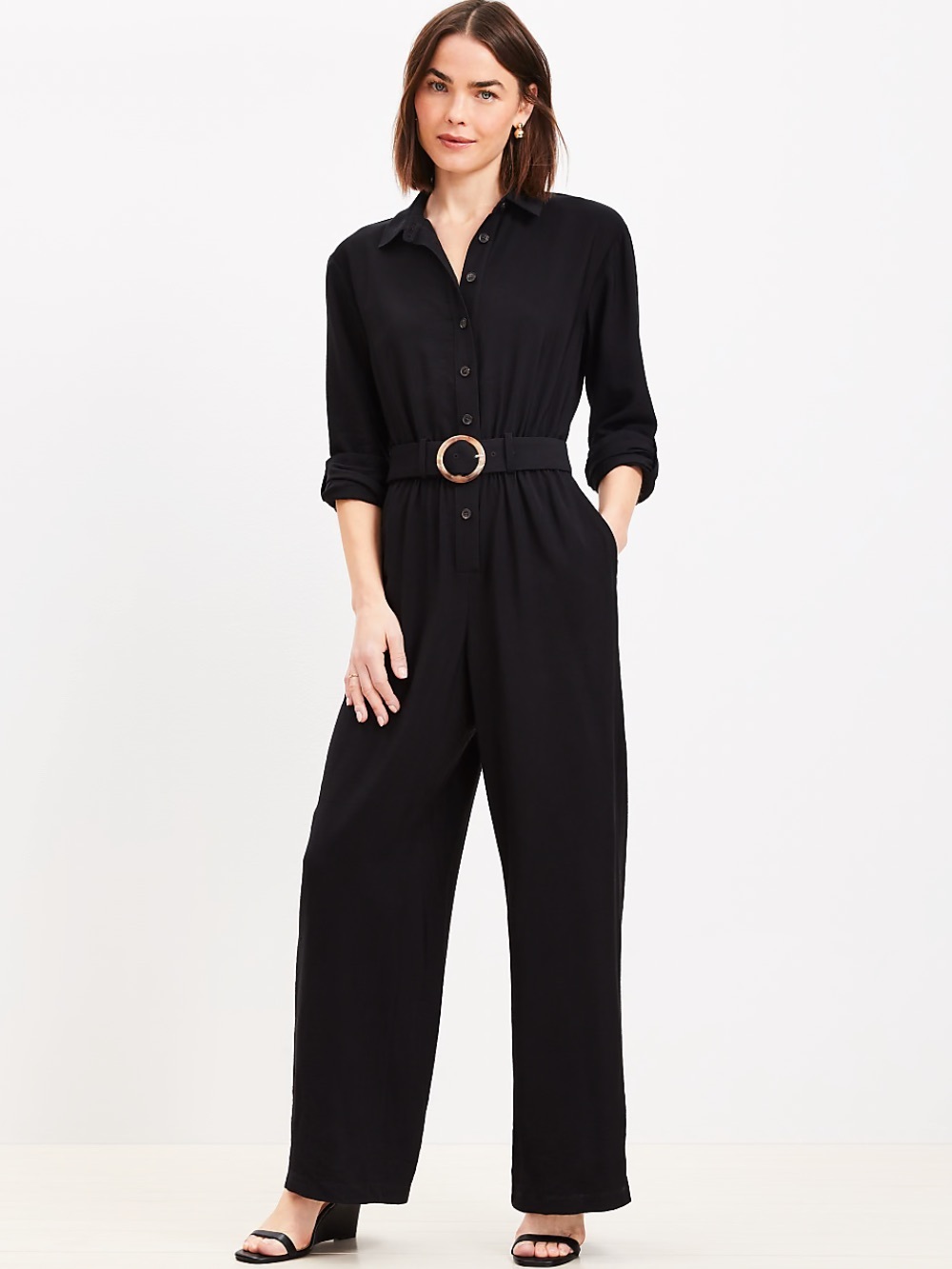LOFT Black Button-Front Belted Jumpsuit